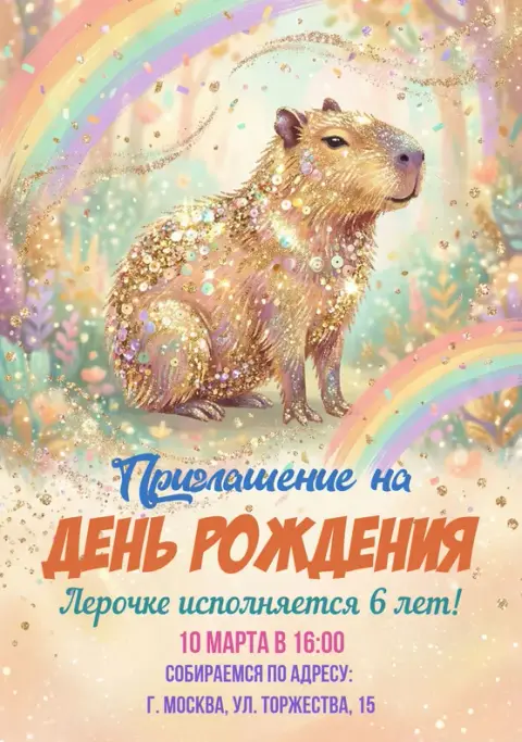 Приглашение на день рождения с блестящей капибарой и радугой
