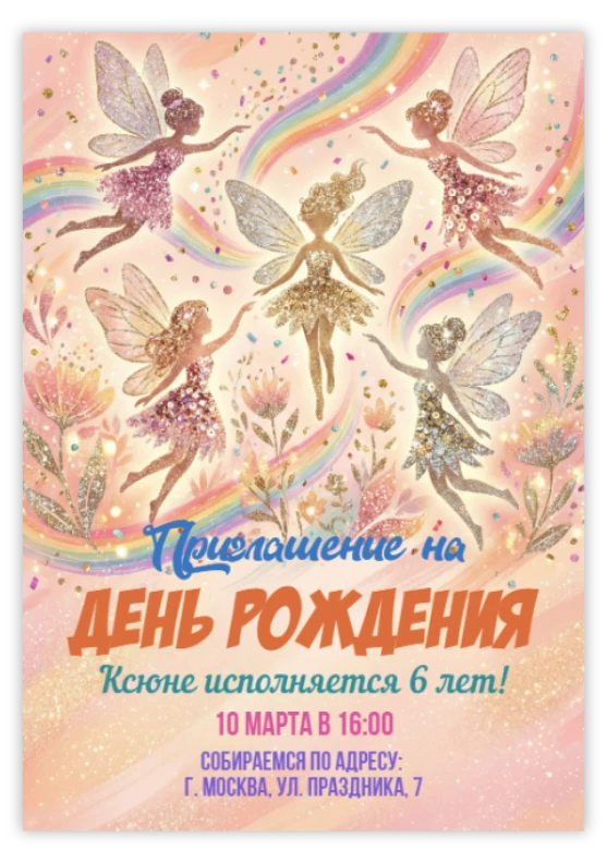 Приглашение на день рождения с феями и радугой
