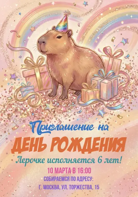 Приглашение на день рождения с капибарой и подарками