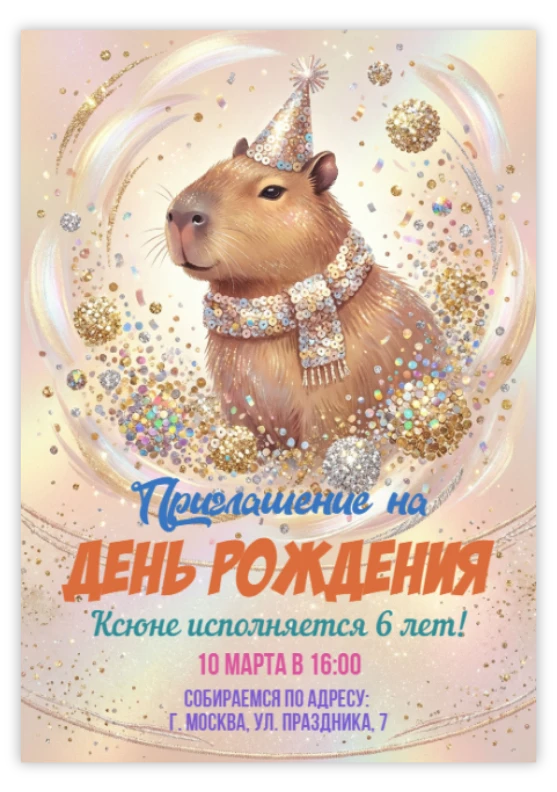 Приглашение на день рождения с милой капибарой и блестками