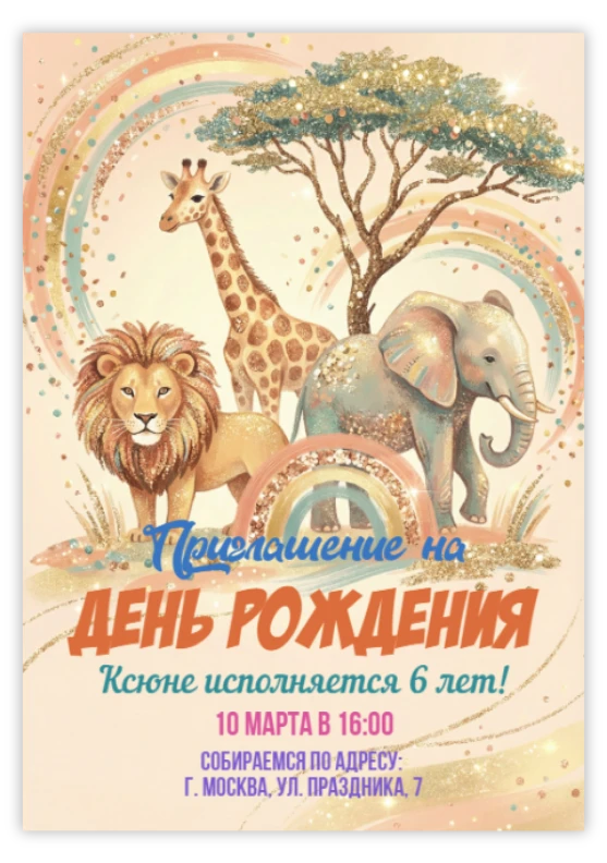 Приглашение на день рождения в стиле африканской саванны с животными