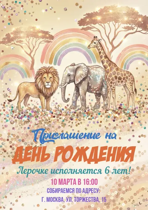 Приглашение на день рождения в стиле золотой саванны с животными