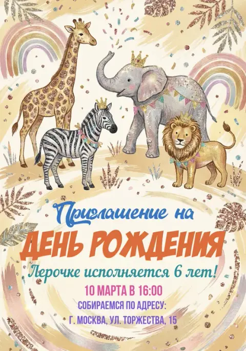 Приглашение на день рождения с животными в коронах