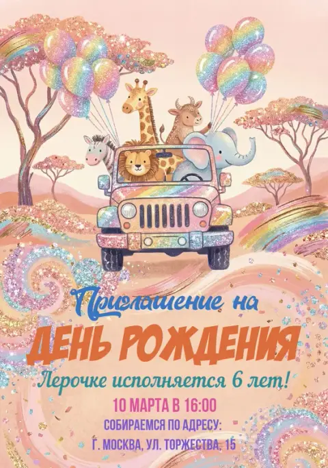 Приглашение на день рождения с животными и шарами