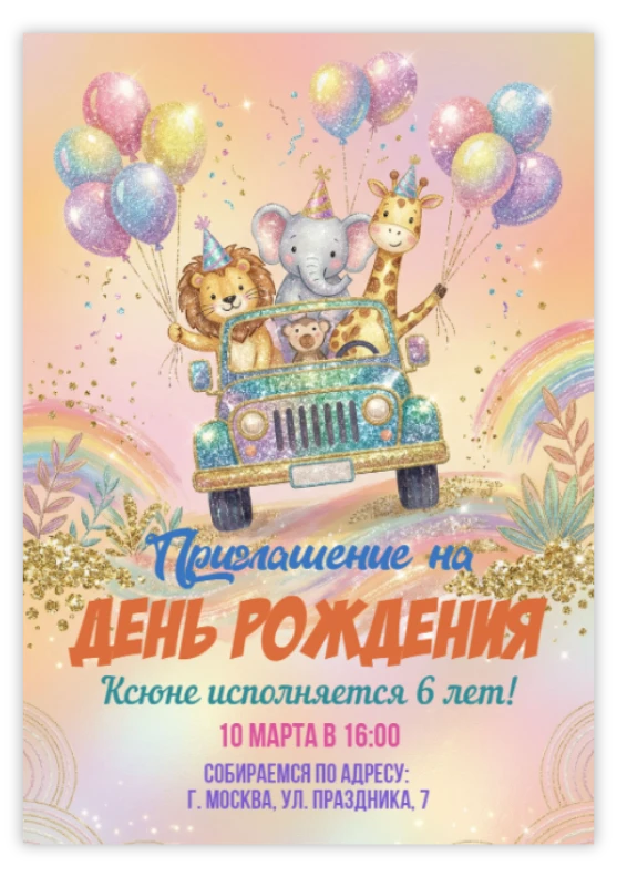 Приглашение на праздник с животными в джипе и радугой