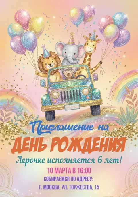 Приглашение на праздник с животными в джипе и радугой