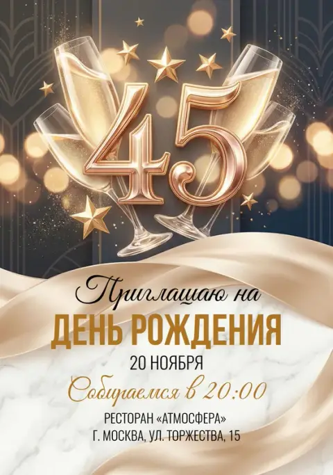 Приглашение на юбилей с бокалами шампанского и золотыми звездами