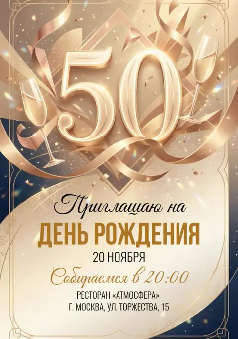Приглашение на юбилей в стиле арт-деко с шампанским