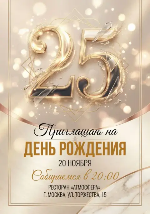 Приглашение на юбилей в золотых тонах с блестками