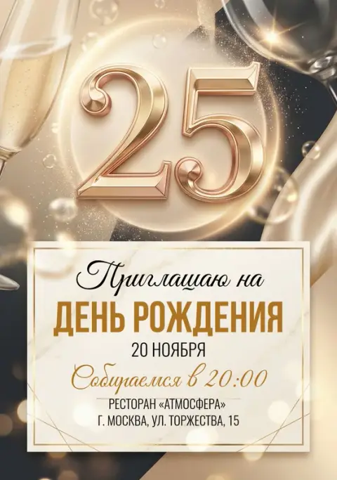 Приглашение на юбилей в золотом сиянии бокалов
