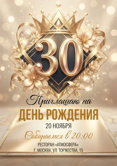 Приглашение на юбилей в золотой короне и цветах