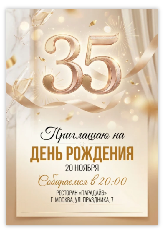 Приглашение на юбилей в золотой дымке с шампанским