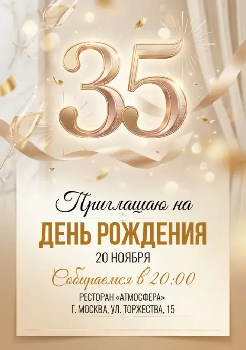 Приглашение на юбилей в золотой дымке с шампанским