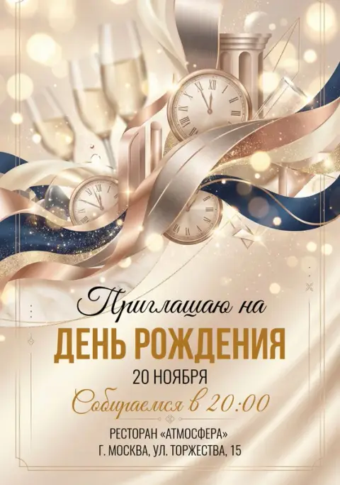 Приглашение на юбилей с шампанским и винтажными часами