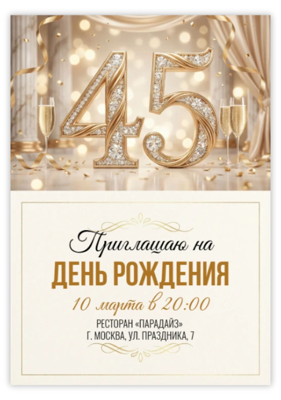 Приглашение на юбилей в золотых кристаллах с шампанским