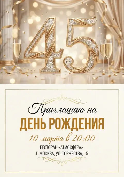 Приглашение на юбилей в золотых кристаллах с шампанским