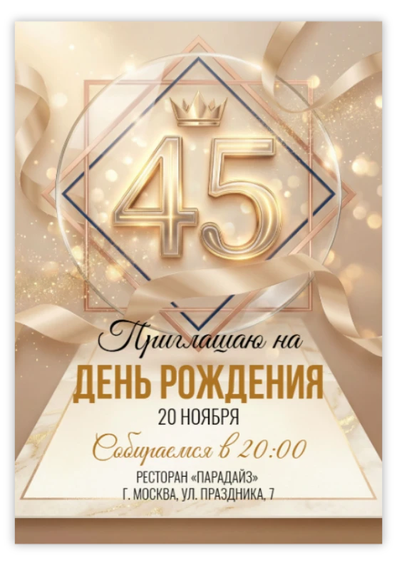 Приглашение на юбилей в золотых тонах с короной
