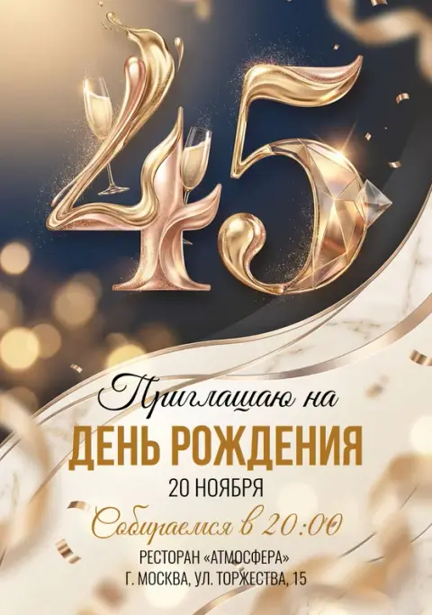 Приглашение на юбилей в золоте с шампанским