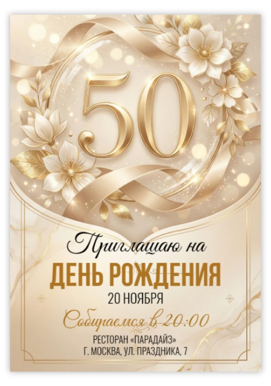 Приглашение на юбилей в золотых тонах с цветочными мотивами