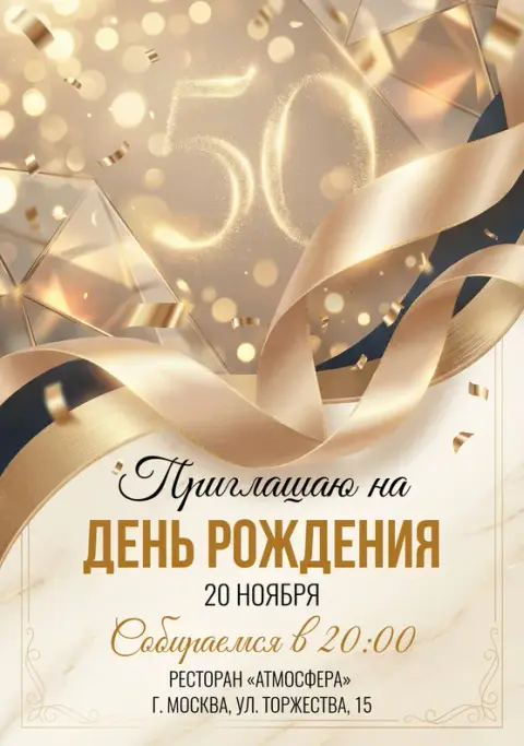 Приглашение на юбилей с золотыми лентами и блеском