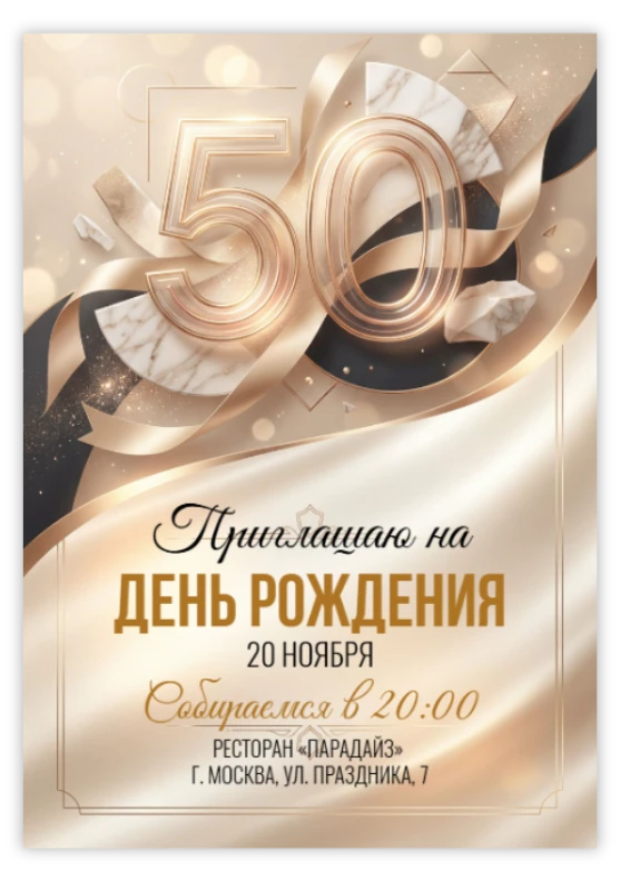Приглашение на юбилей в золотых тонах с мраморными акцентами