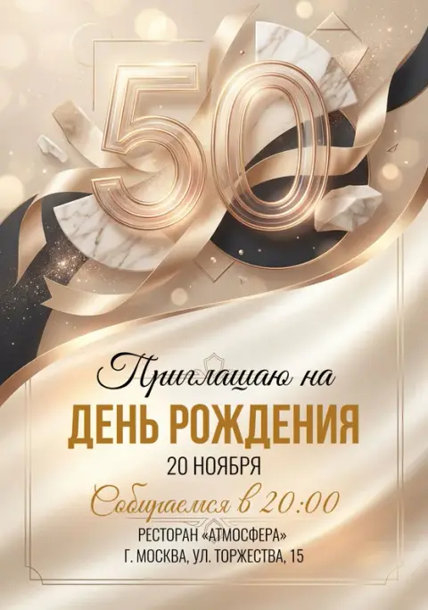 Приглашение на юбилей в золотых тонах с мраморными акцентами