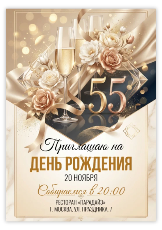 Приглашение на юбилей с шампанским и розами