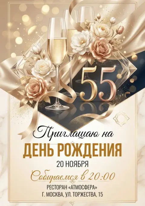 Приглашение на юбилей с шампанским и розами