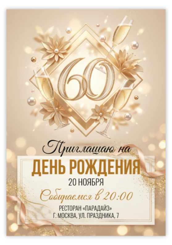 Приглашение на юбилей в золоте с шампанским и цветами