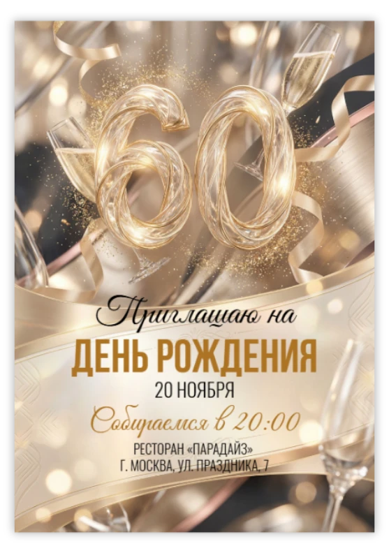 Приглашение на юбилей в золоте с шампанским и лентами