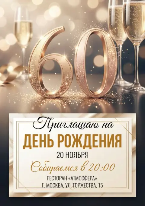 Приглашение на юбилей в золоте с мерцающими бокалами