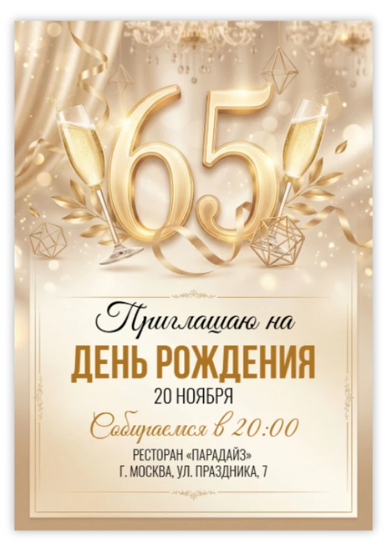 Приглашение на юбилей в сияющем золоте с шампанским