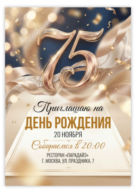 Приглашение на юбилей в золотых тонах с конфетти