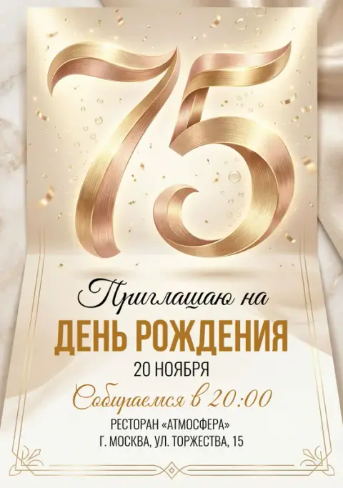 Приглашение на юбилей в золотом стиле с конфетти